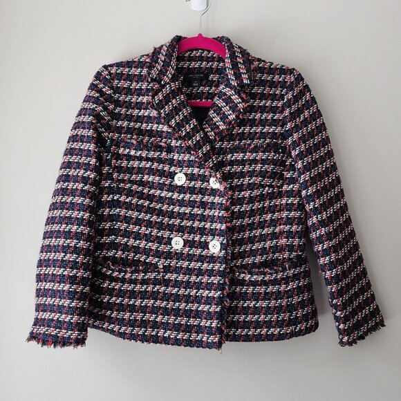 Ann Taylor Lined Tweed Jacket Size 6P Blazer Double Button Red White Blue Black - Picture 1 of 9